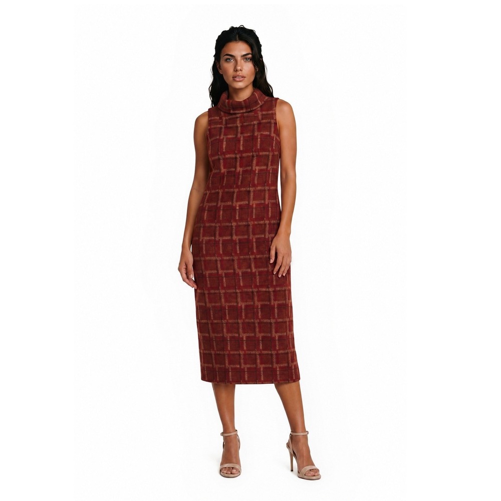 Tocca Sheath Dress Women's Size 4 Rust Abstract Plaid Turtleneck Sleeveless Midi